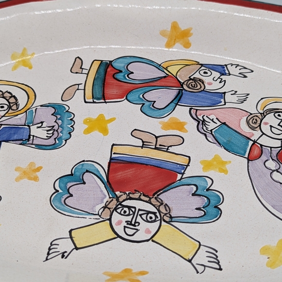 Vintage Italian Red Clay Pottery DeSimone Vietri Cubist Angel 15” Oval Platter - Picture 2 of 14
